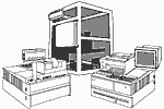 Line drawing of Ruins in ASCII's heritage as an IBM 3690 POS cash register running GNU/Linux. Thumbnail.