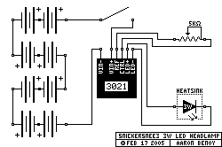 Schematic for the Snickersnee3 3W LED Headlamp by Aaron Benoy. Thumbnail.